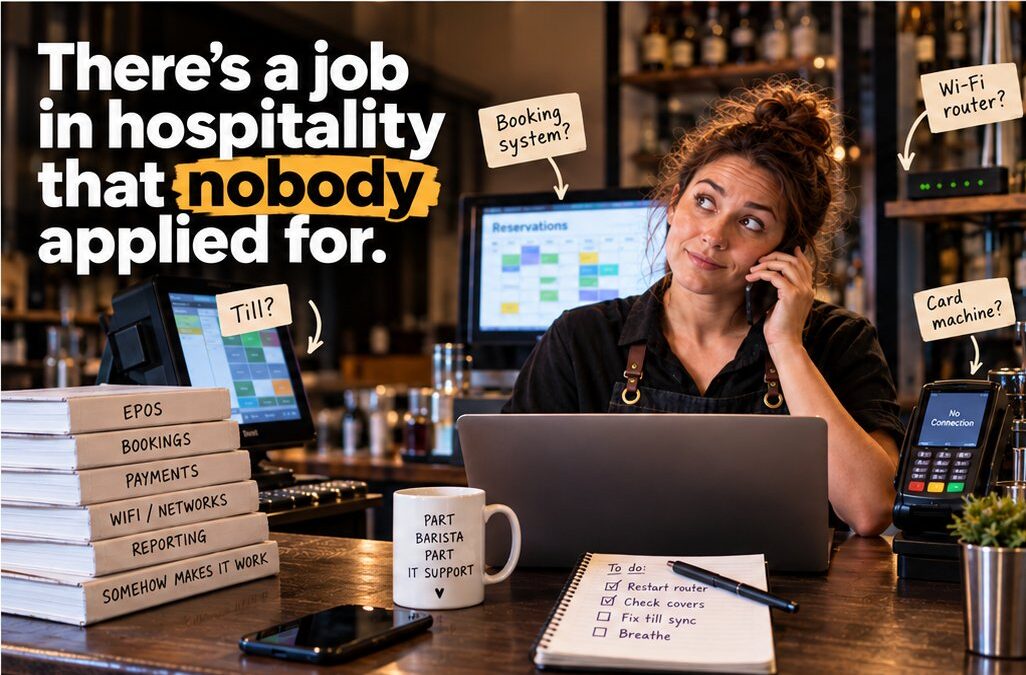 Hospitality manager on the phone surrounded by a till, booking system, Wi-Fi router and card machine – the hospitality engineer nobody applied for